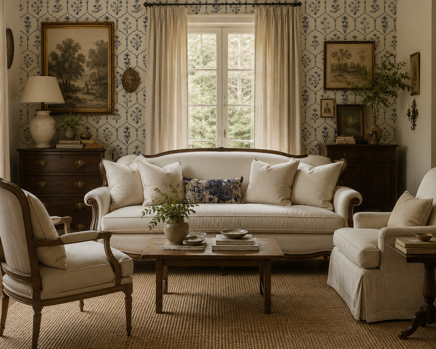 Living room with Floral Trellis White wallpaper, navy floral pattern, vintage decor.