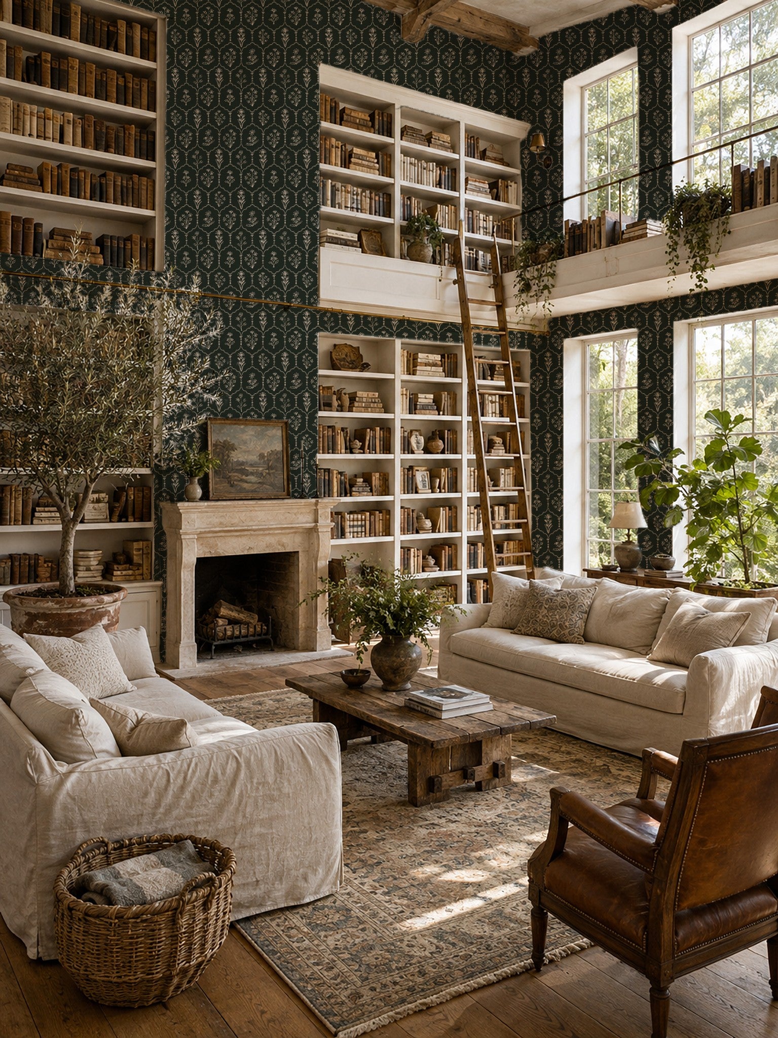 Elegant green floral trellis wallpaper in cozy library with bookshelves and fireplace.