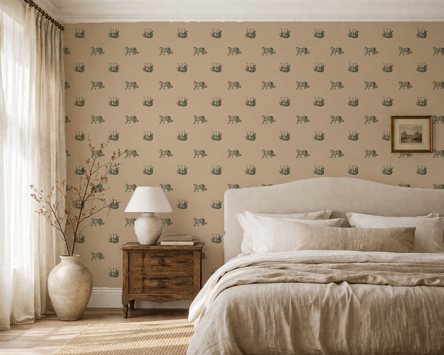 Bedroom with green tiger pattern wallpaper on muted gold background, elegant decor.
