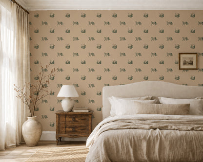 Bedroom with green tiger pattern wallpaper on muted gold background, elegant decor.