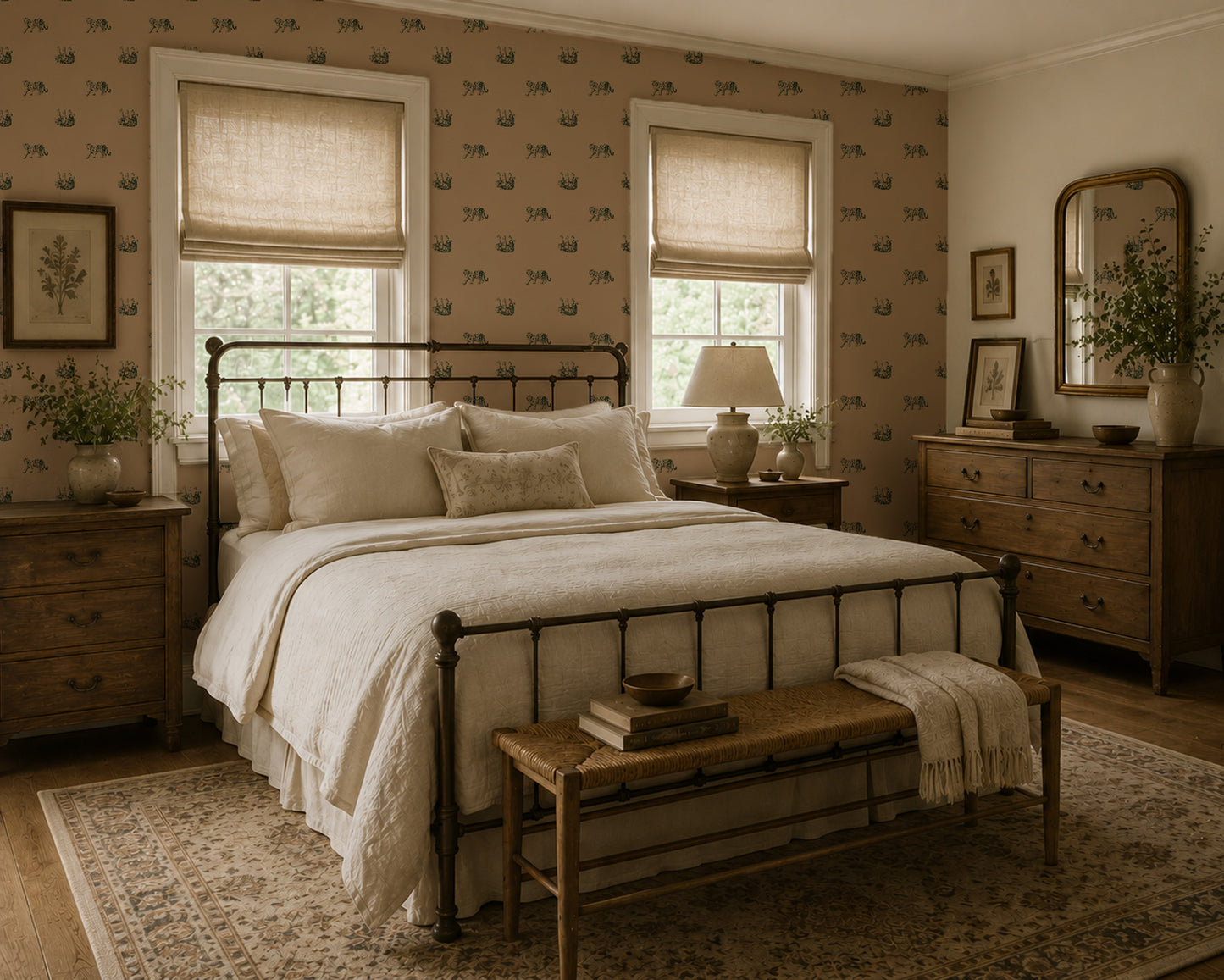 Green tiger pattern wallpaper in a cozy bedroom with vintage decor.