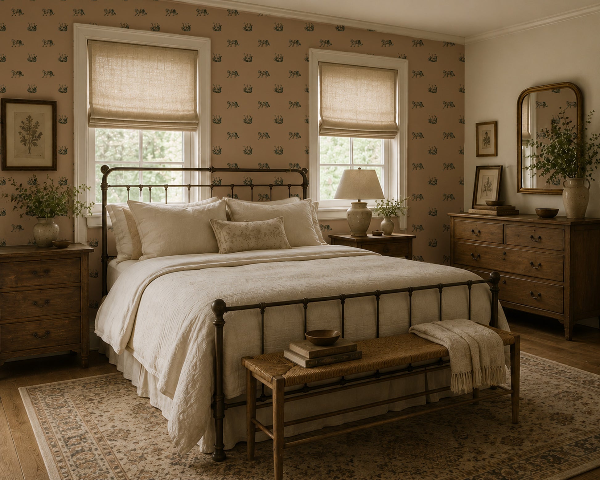 Green tiger pattern wallpaper in a cozy bedroom with vintage decor.
