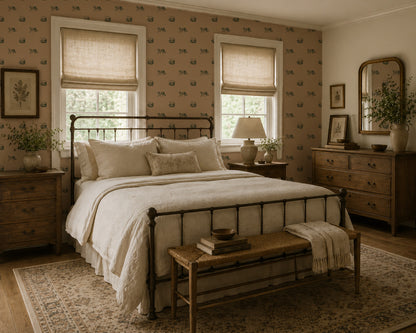 Green tiger pattern wallpaper in a cozy bedroom with vintage decor.