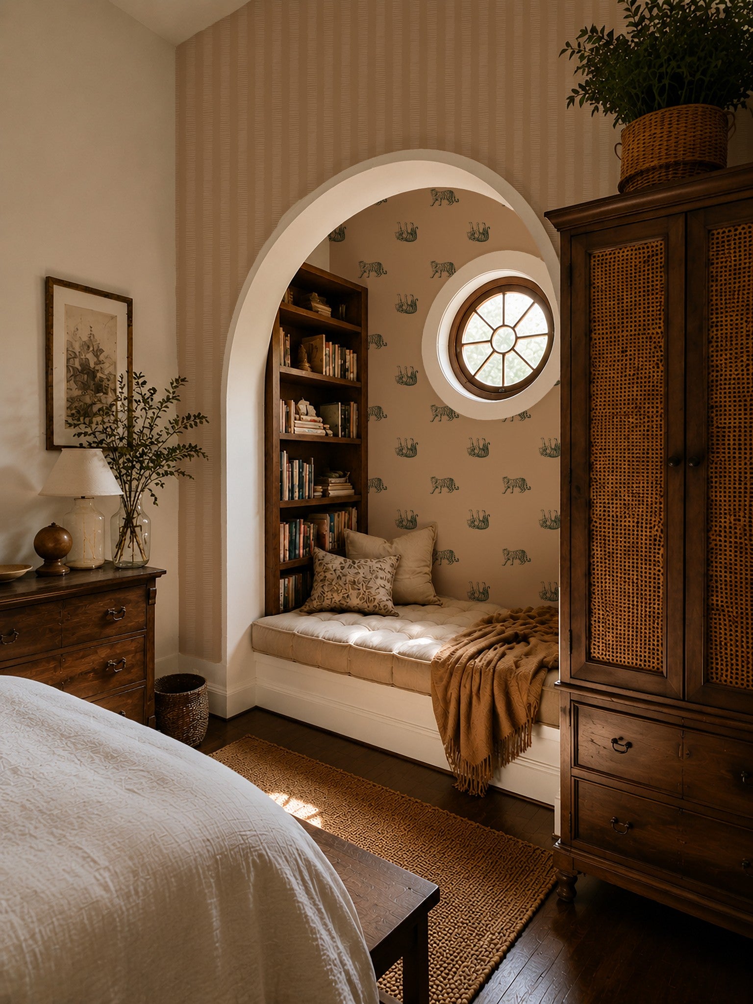 Cozy nook with green tiger wallpaper in a rustic bedroom setting.