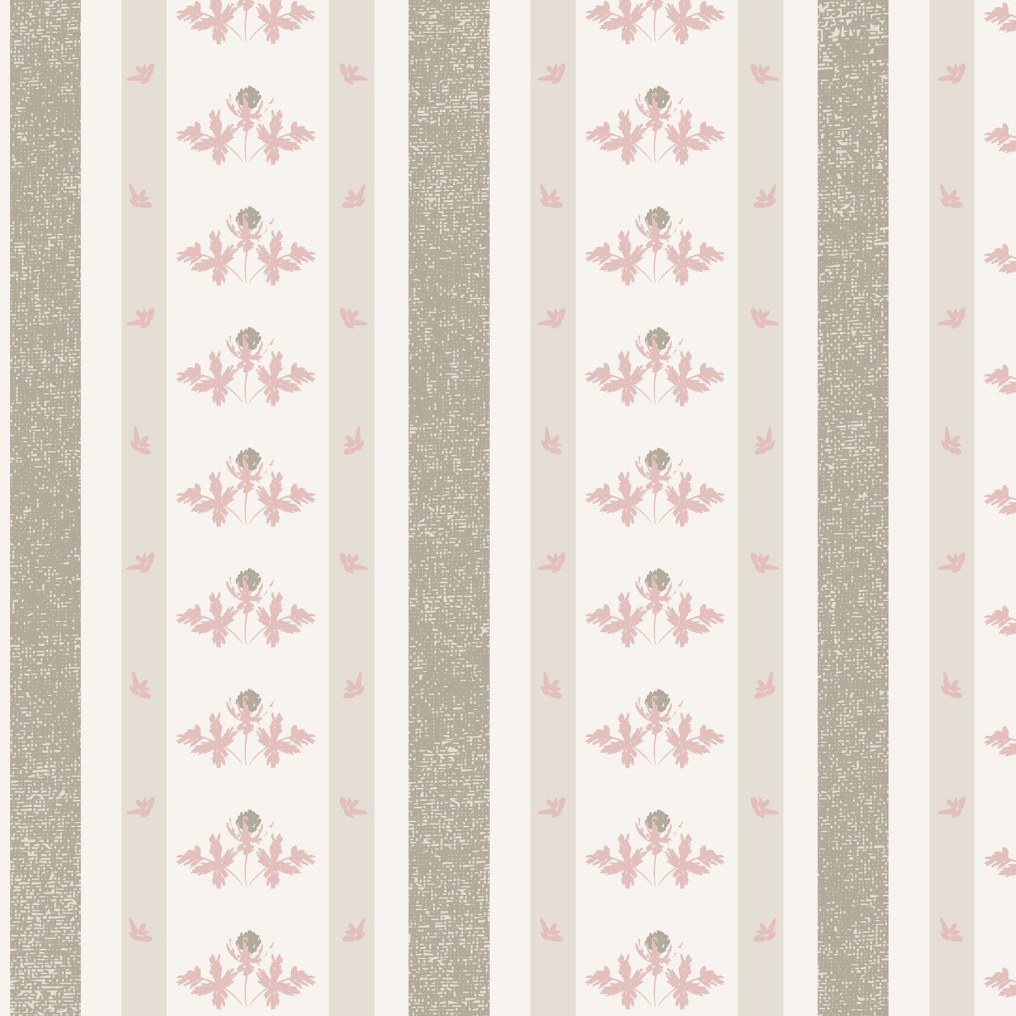 Haven Dusty Rose & Sage wallpaper with floral motifs and taupe stripes.