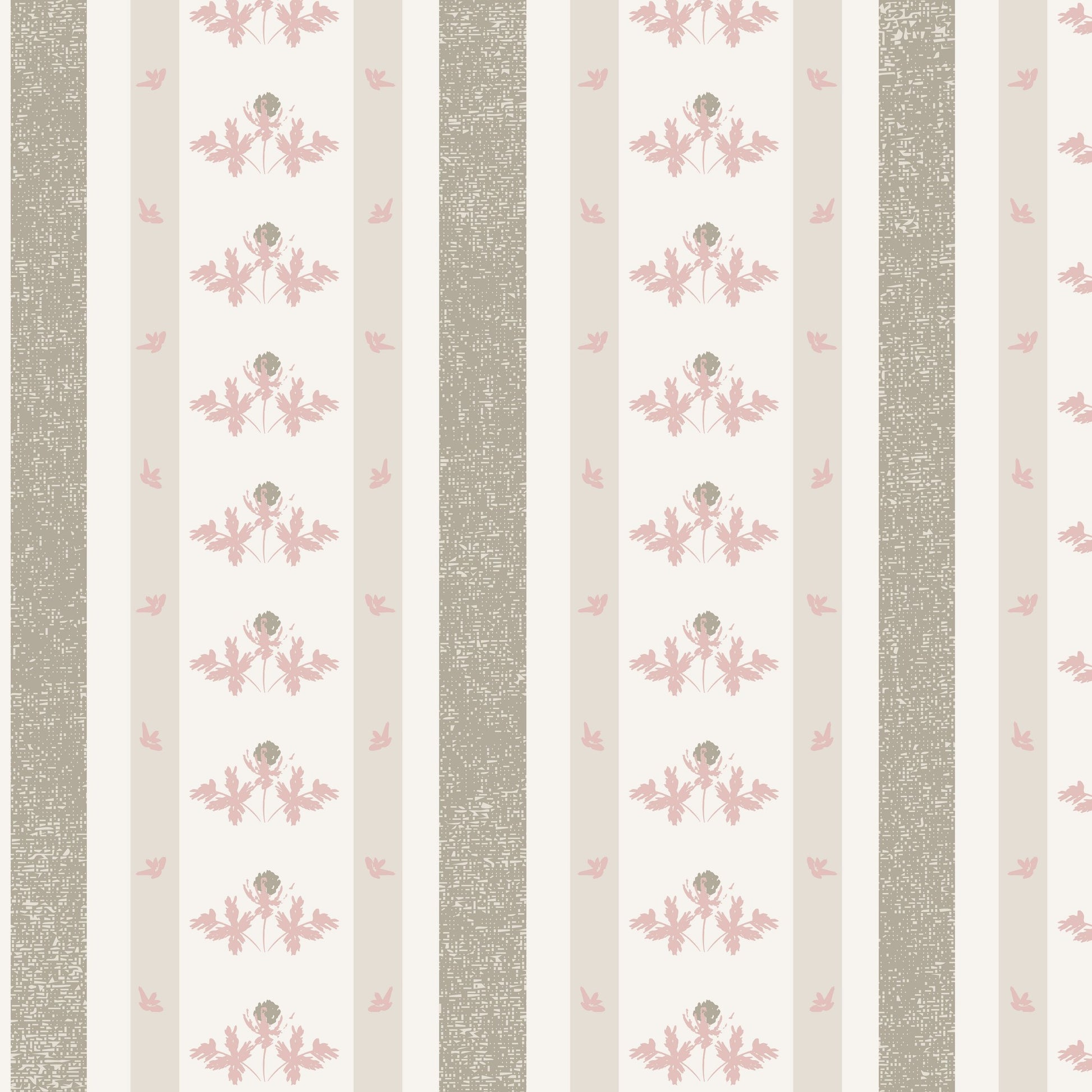 Haven Dusty Rose & Sage wallpaper with floral motifs and taupe stripes.