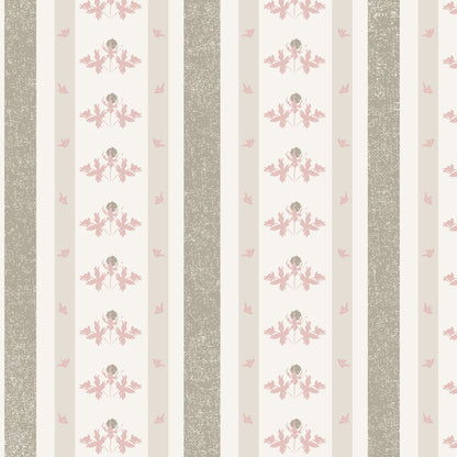 Haven Dusty Rose & Sage wallpaper with floral motifs and taupe stripes.