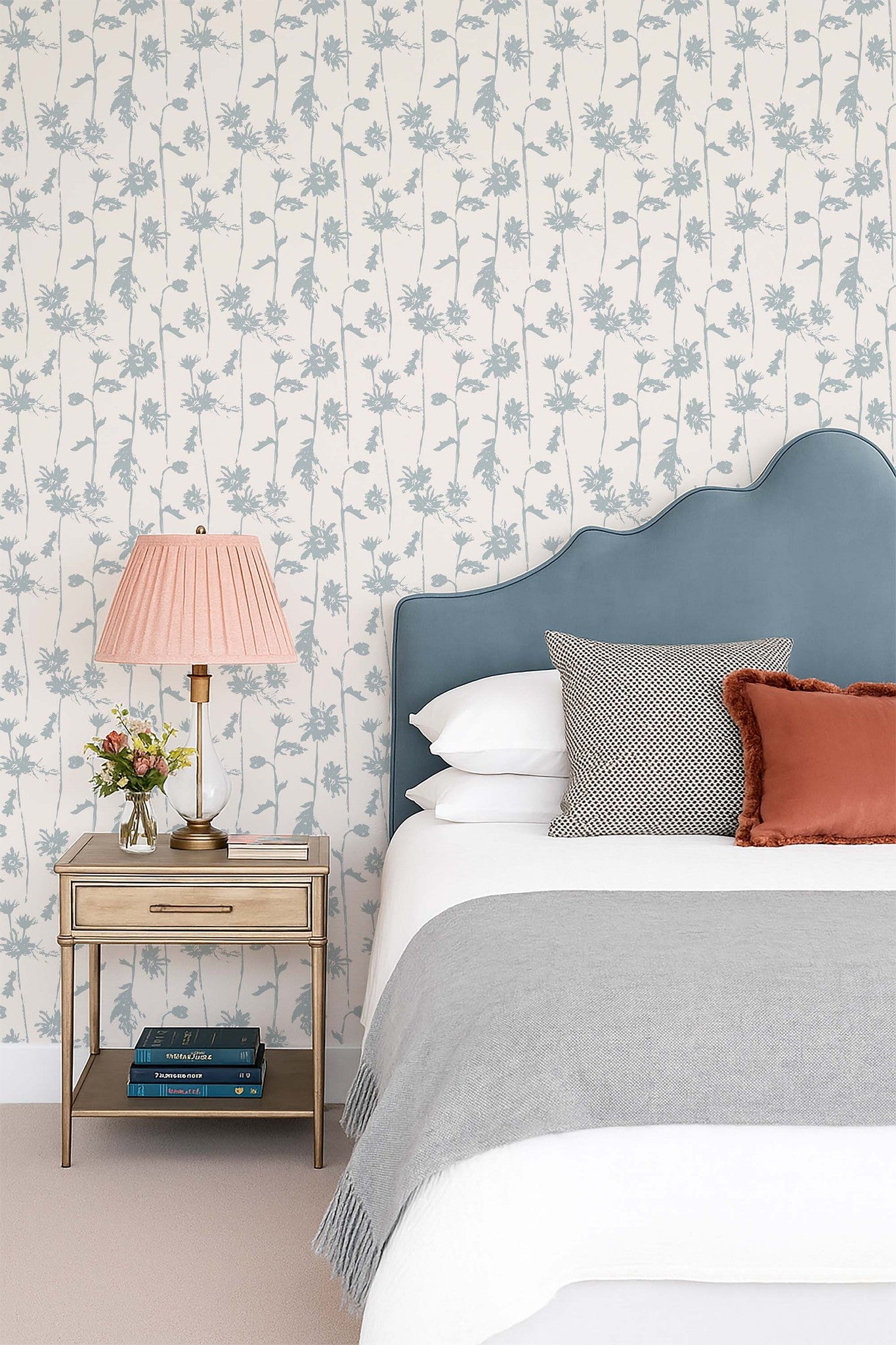 Jocelyn blue and cream floral wallpaper in elegant bedroom setting.
