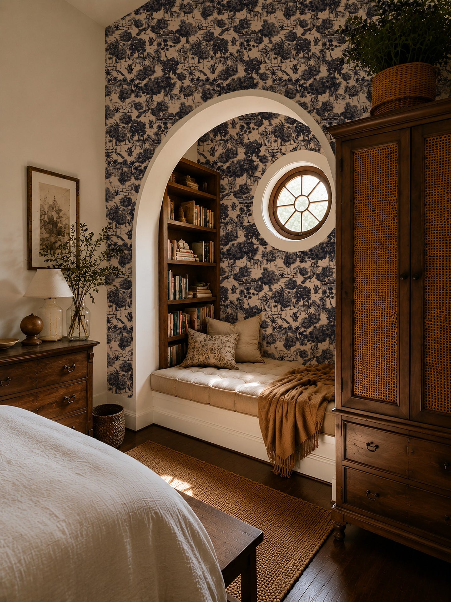 Cozy bedroom with Jungle Toile Blue wallpaper featuring indigo wildlife on cream, arched nook seating.