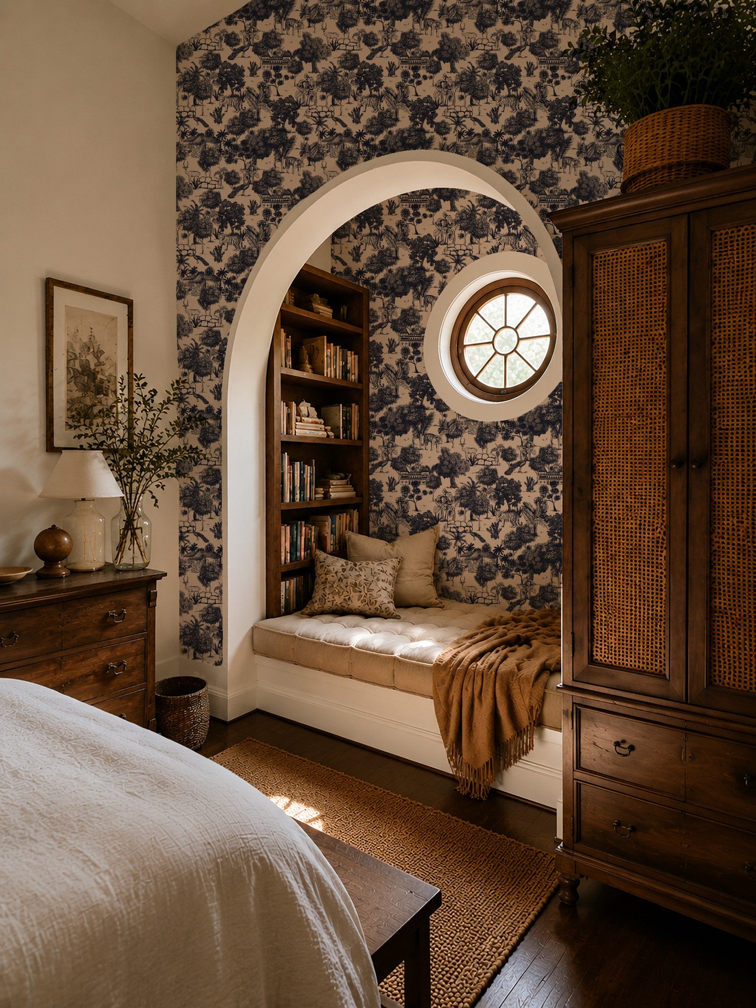 Cozy bedroom with Jungle Toile Blue wallpaper featuring indigo wildlife on cream, arched nook seating.