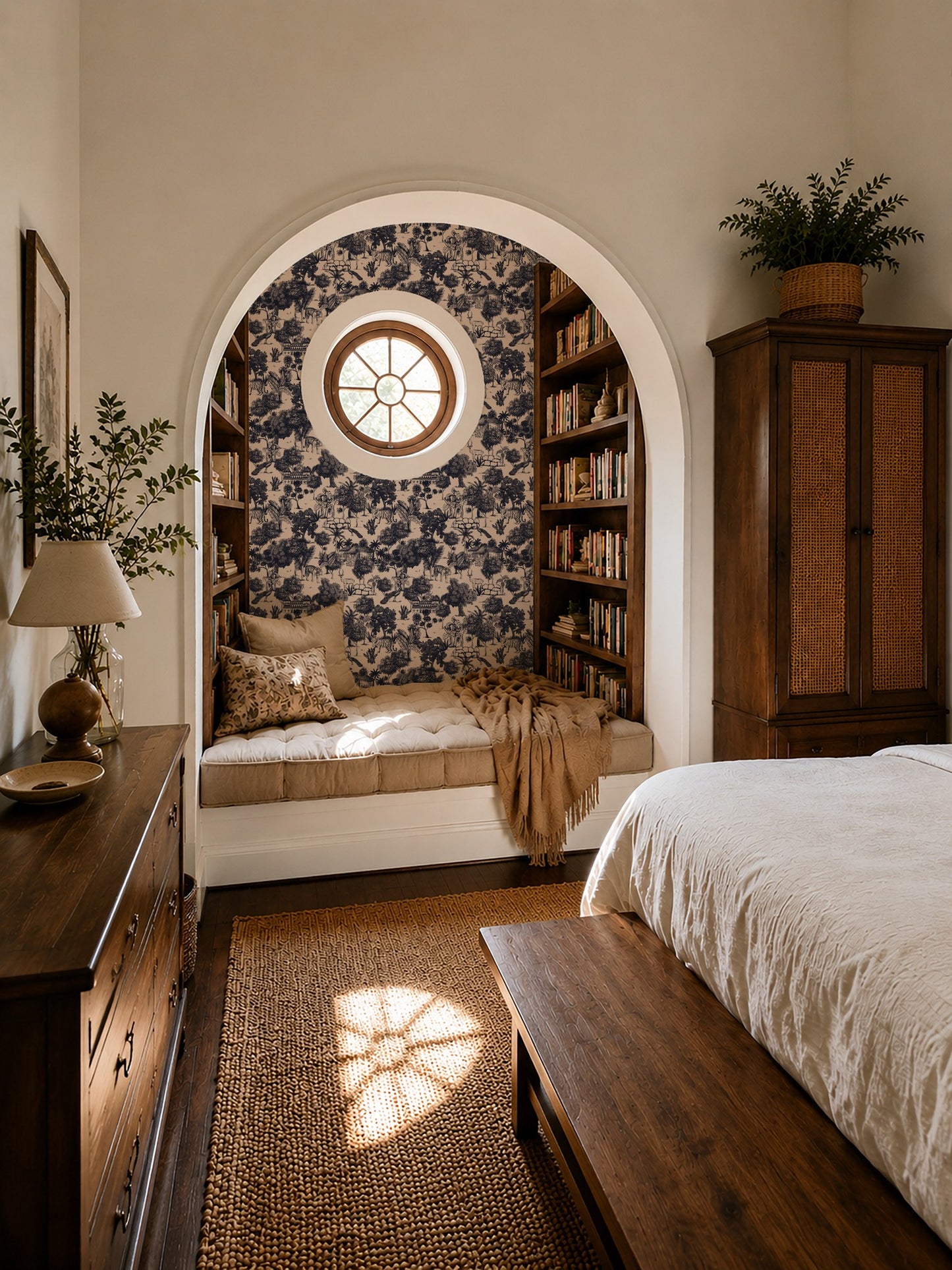 Jungle Toile Blue wallpaper in cozy reading nook with built-in shelves and archway.
