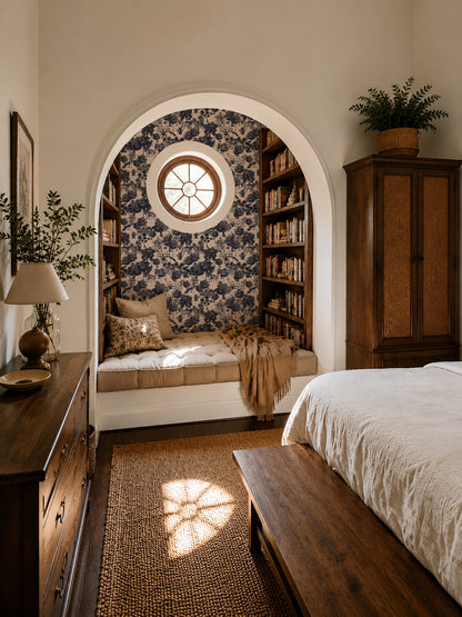 Jungle Toile Blue wallpaper in cozy reading nook with built-in shelves and archway.