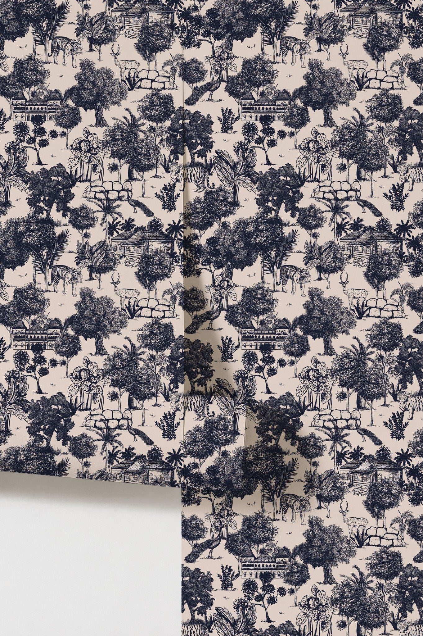 Jungle Toile Blue wallpaper with indigo wildlife on cream background.