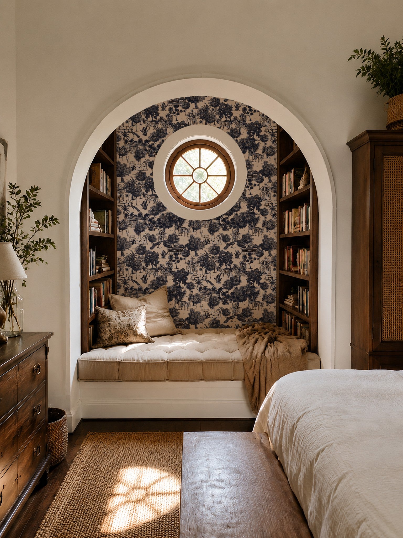 Jungle Toile Blue wallpaper in cozy reading nook with bookshelves and arched window.