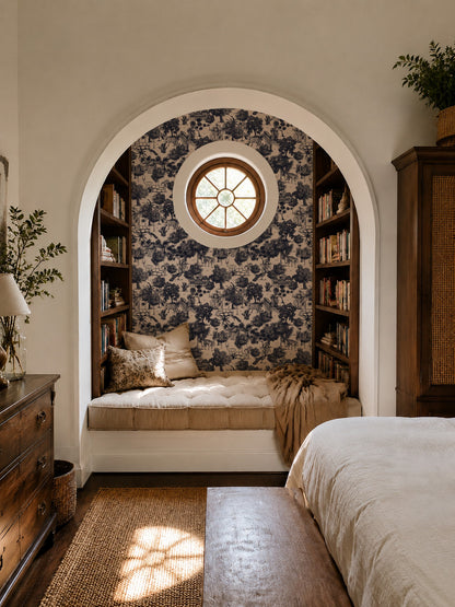 Jungle Toile Blue wallpaper in cozy reading nook with bookshelves and arched window.