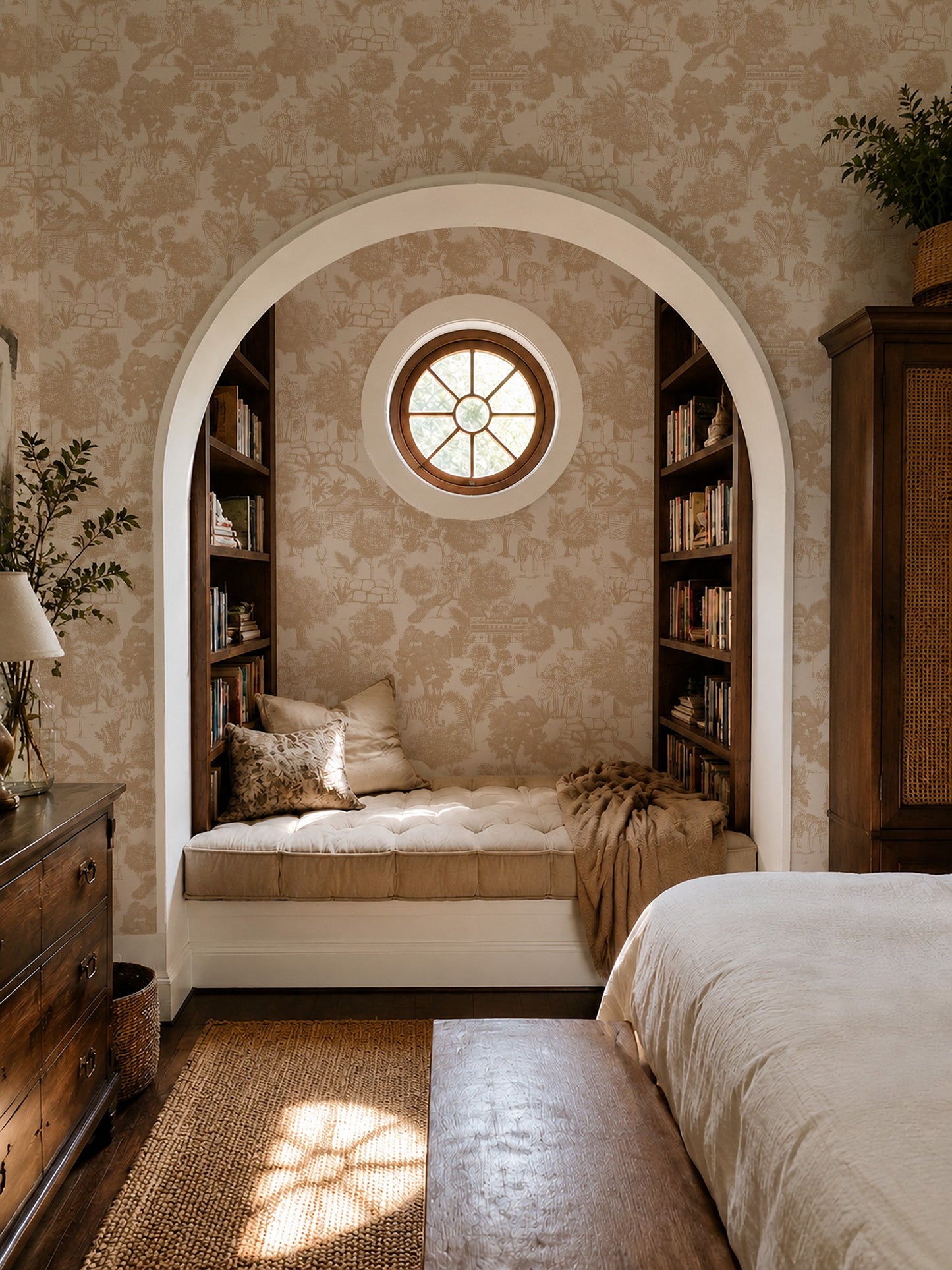 Jungle Toile Cream wallpaper with sepia jungle scene in cozy reading nook.