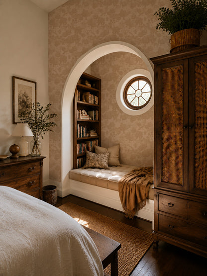 Jungle Toile Cream wallpaper in cozy bedroom with arch nook and wooden furniture.