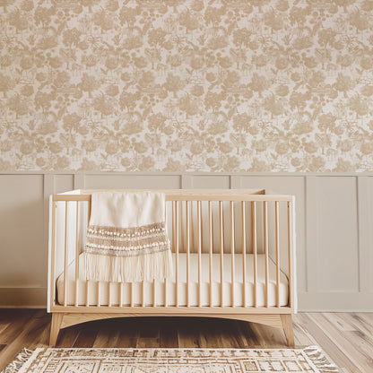 Jungle Toile Cream wallpaper with sepia jungle scene in nursery with crib.