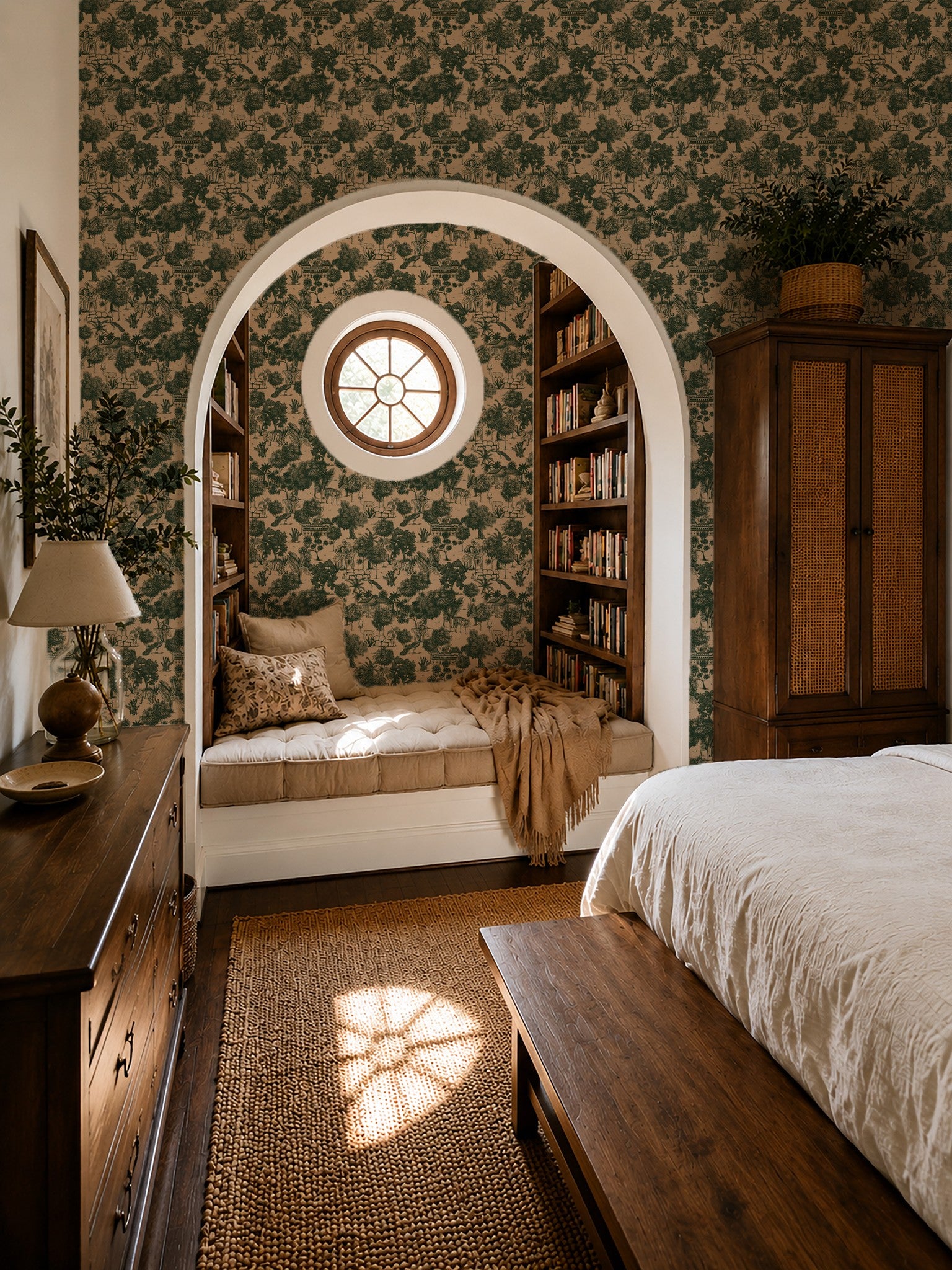 Jungle Toile Green wallpaper in cozy bedroom with archway and wooden furniture.
