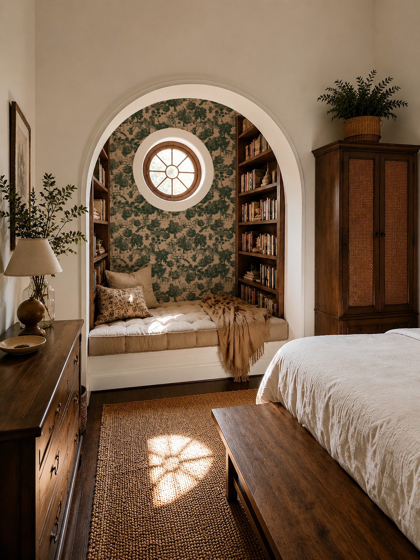 Jungle Toile Green wallpaper with tropical foliage in cozy reading nook with wooden furniture.