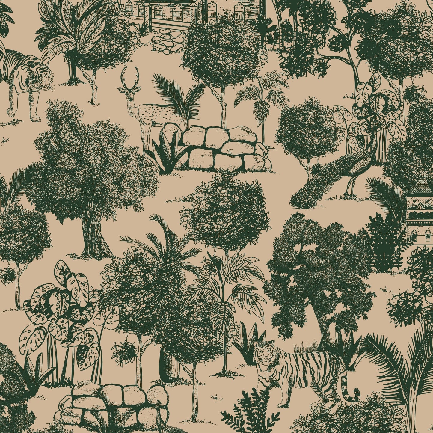Jungle Toile Green wallpaper with tigers, deer, and foliage on an earthy backdrop.