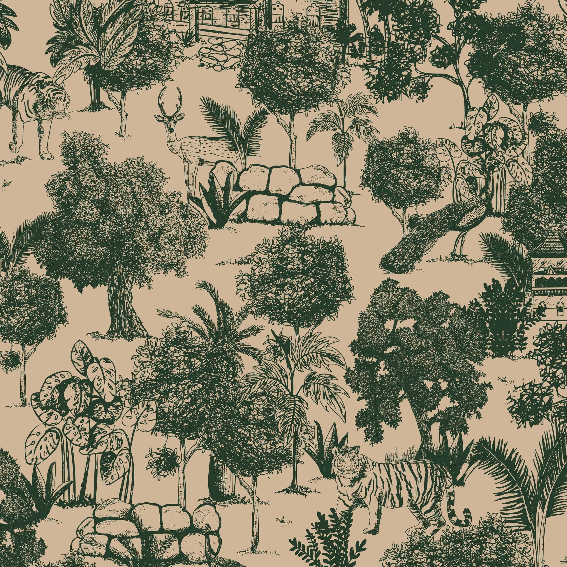 Jungle Toile Green wallpaper with tigers, deer, and foliage on an earthy backdrop.