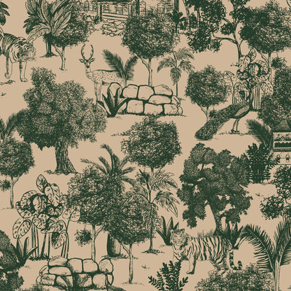 Jungle Toile Green wallpaper with tigers, deer, and foliage on an earthy backdrop.