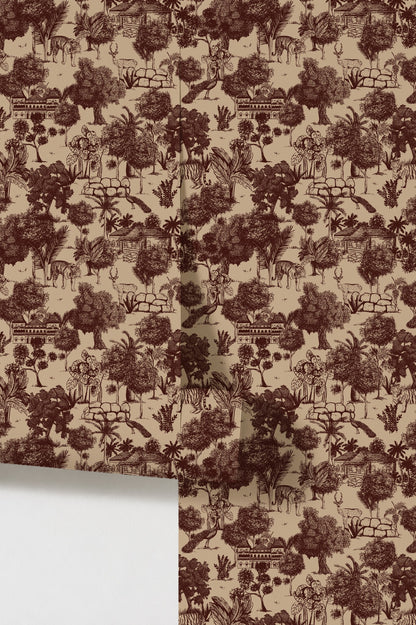 Jungle Toile Red wallpaper with detailed flora and fauna illustrations on an earth-toned background.