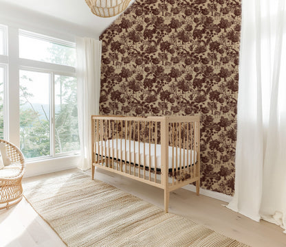 Jungle Toile Red wallpaper with tigers and deer in a serene nursery setting.