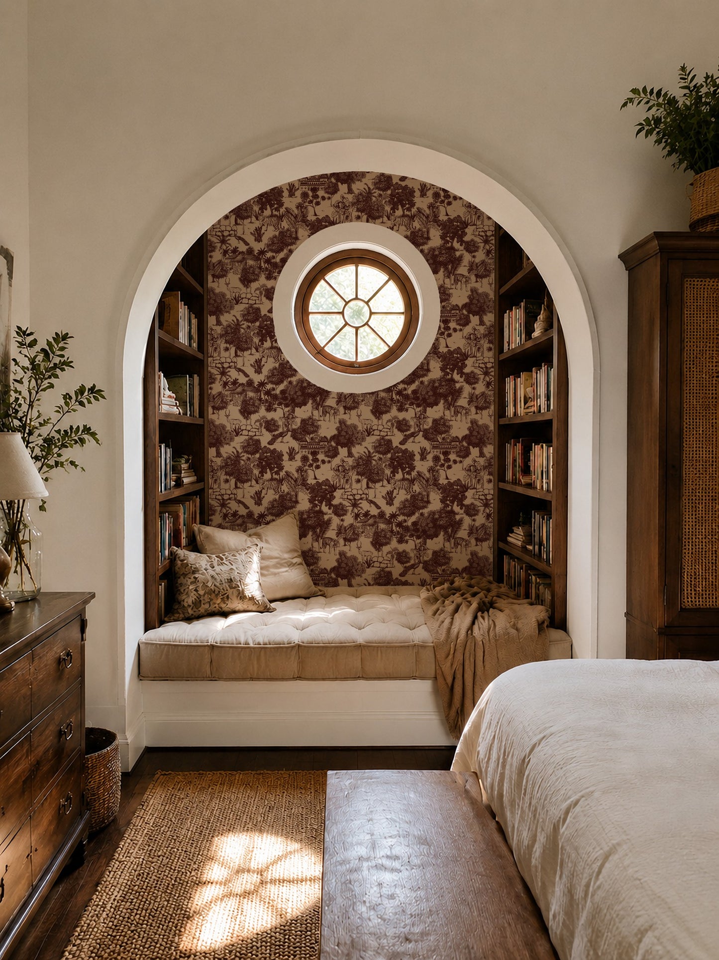 Jungle Toile Red wallpaper with wildlife pattern in cozy reading nook with arched window.