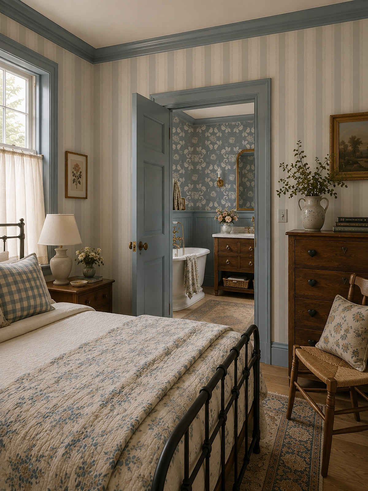 Light blue and white striped wallpaper with lace motifs in a classic bedroom setting.