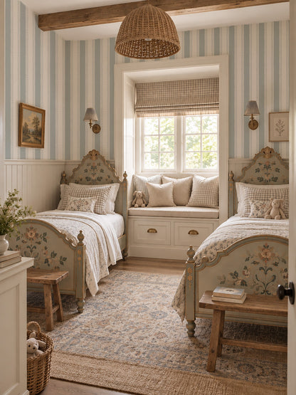 Light blue and white striped wallpaper with lace motifs in a cozy bedroom setting.