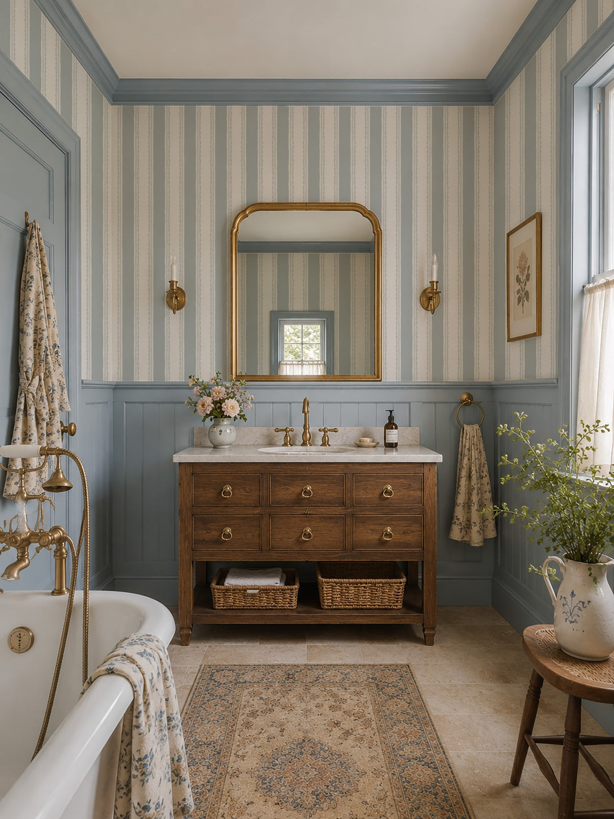 Light blue and white stripe wallpaper with lace motifs in vintage bathroom setting.