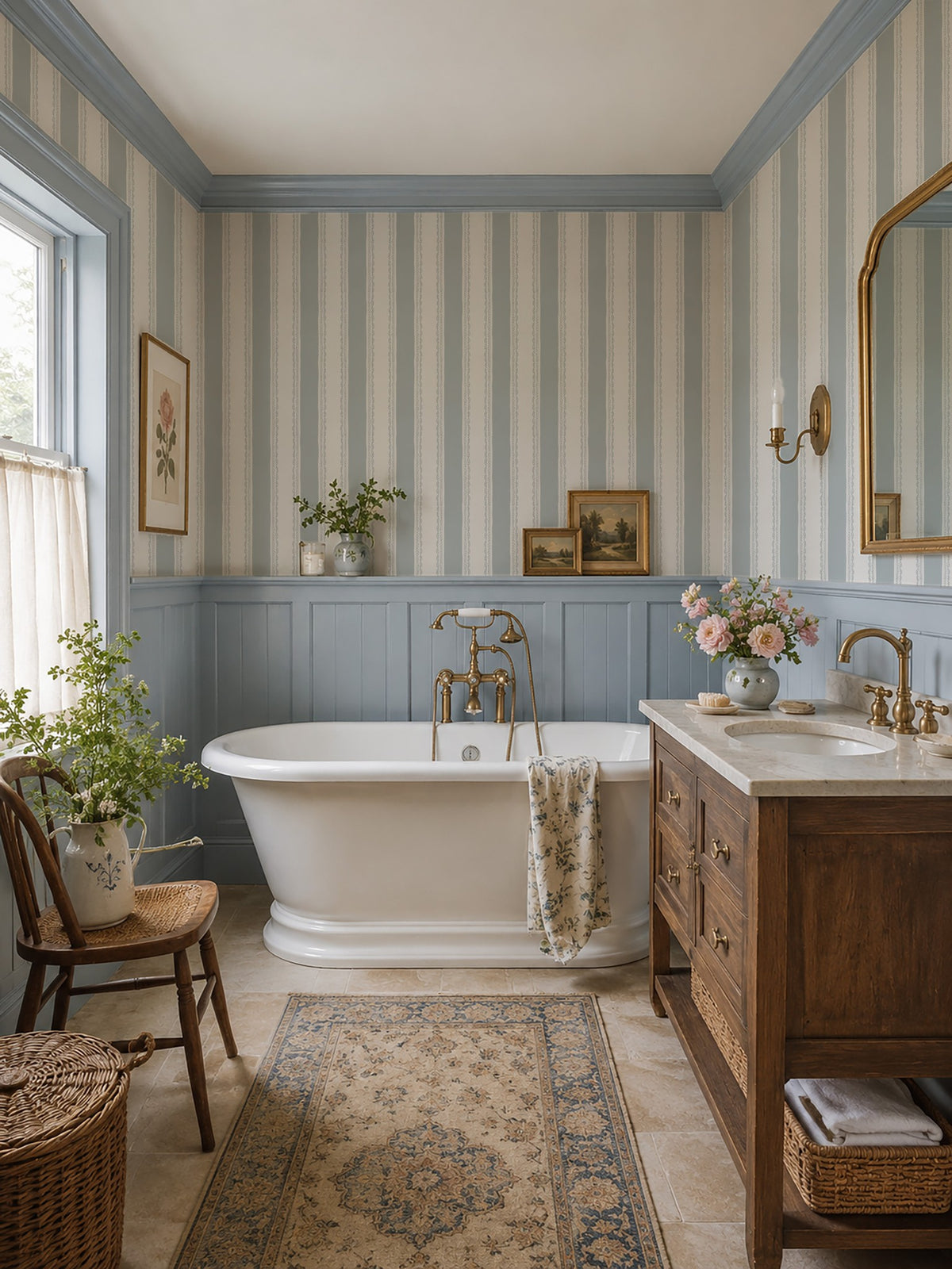 Bathroom with light blue and white striped wallpaper, vintage decor, wooden vanity, and freestanding tub.
