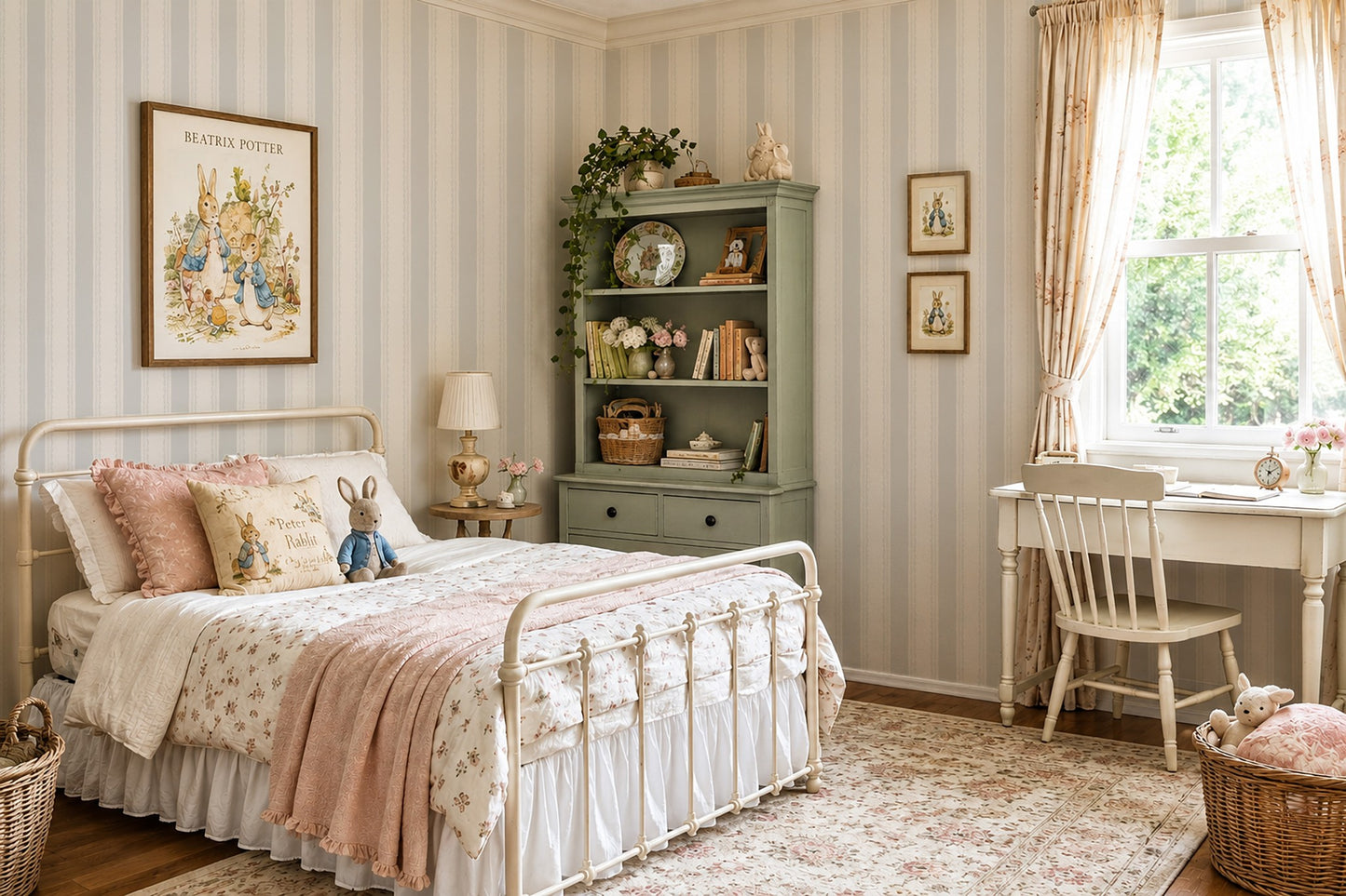 Light blue striped wallpaper in vintage bedroom with floral decor.
