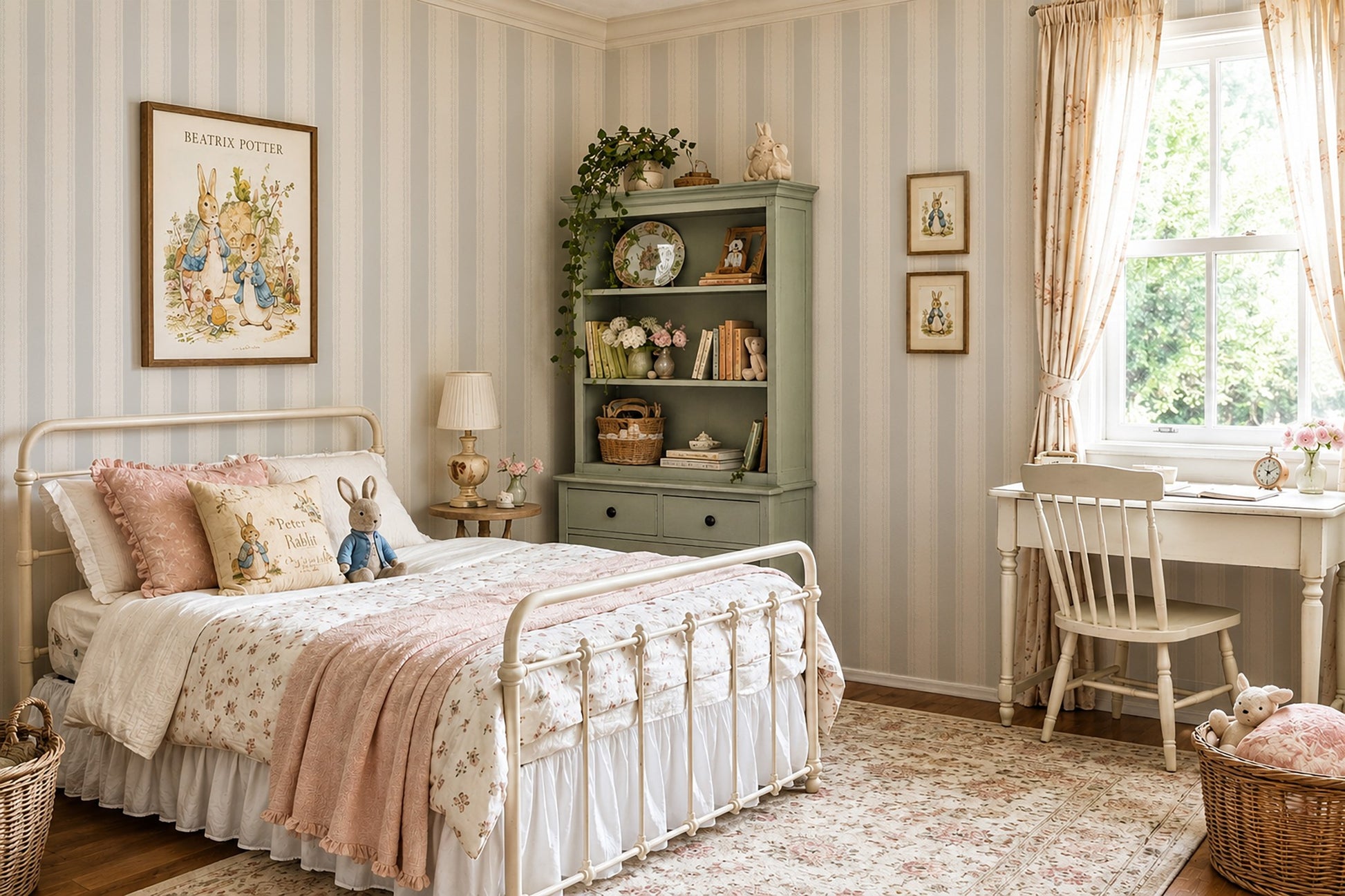 Light blue striped wallpaper in vintage bedroom with floral decor.