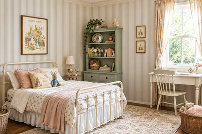 Light blue striped wallpaper in vintage bedroom with floral decor.