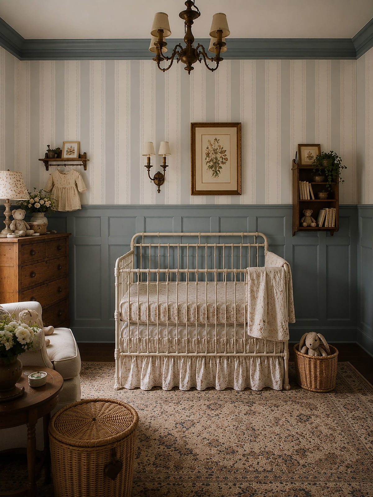 Lacey Stripe Light Blue wallpaper in vintage nursery with crib and classic decor.