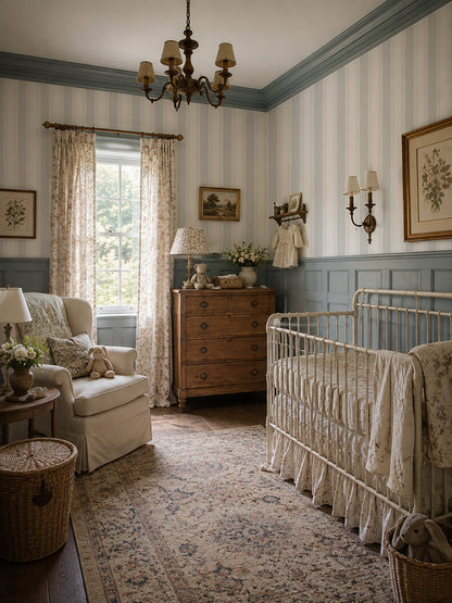 Light blue and white striped wallpaper with lace motifs in vintage nursery setting.