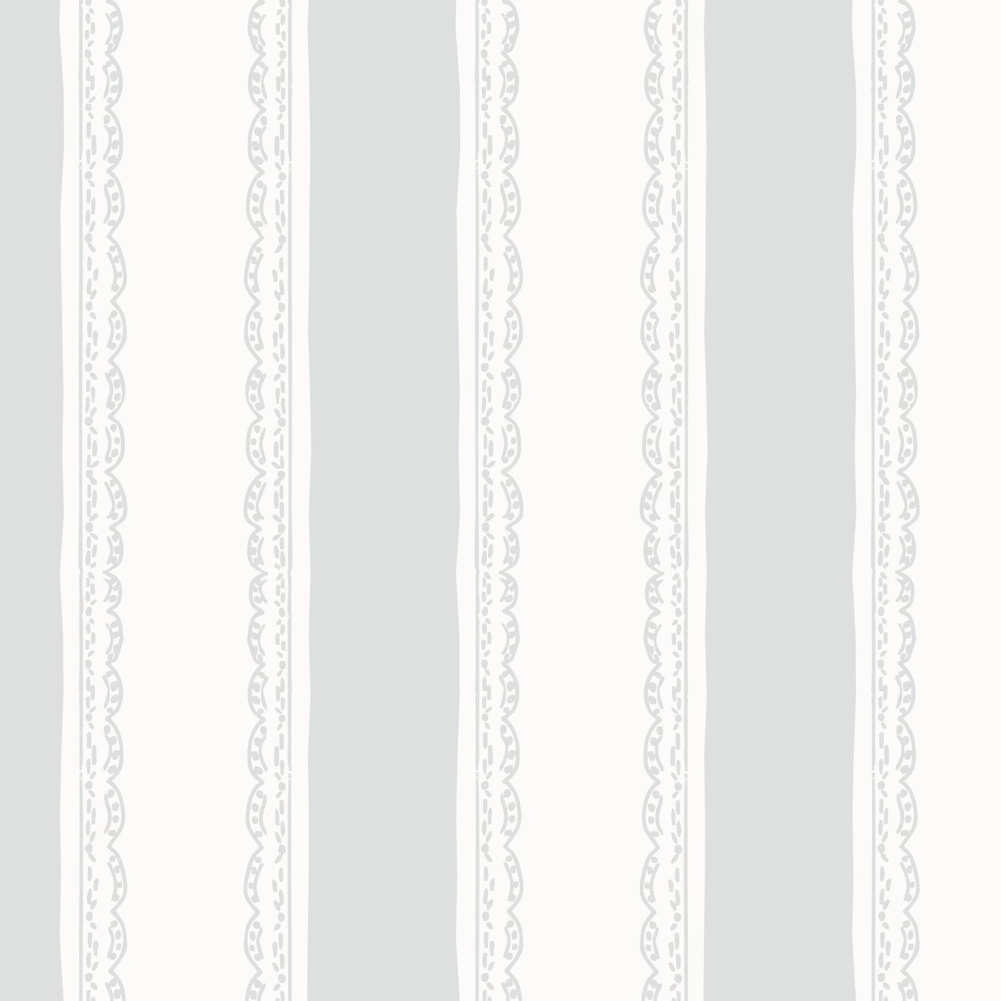 Light blue and white striped wallpaper with lace-like borders.