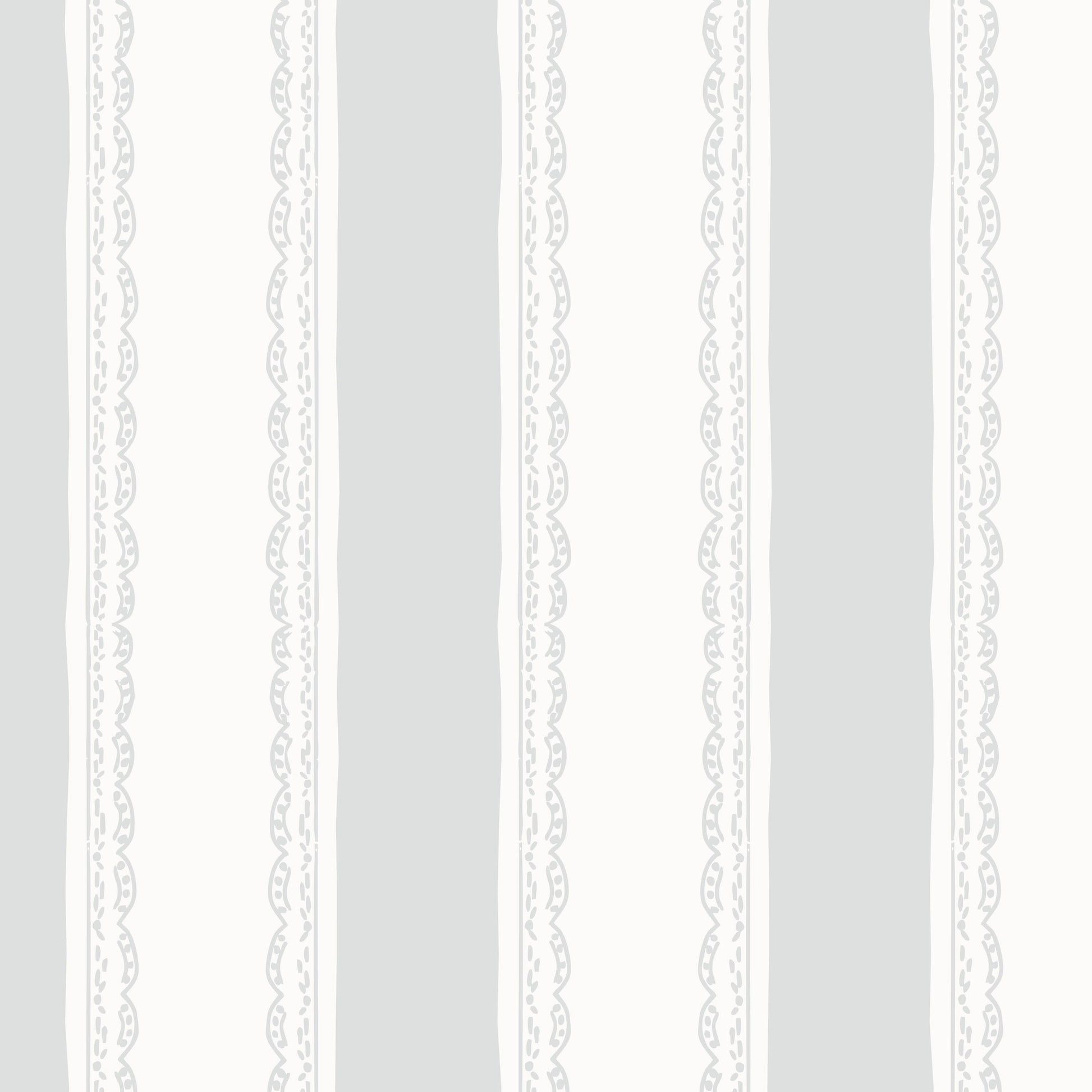 Light blue and white striped wallpaper with lace-like borders.
