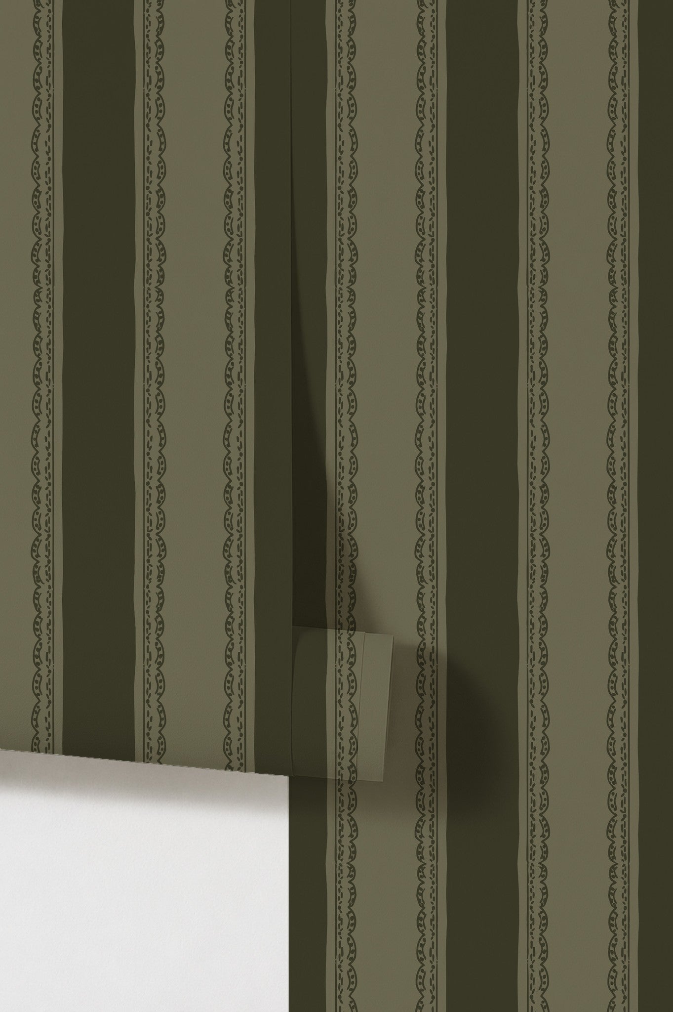 Lacey Stripes Green wallpaper with forest green and olive vertical stripes and lace detail.