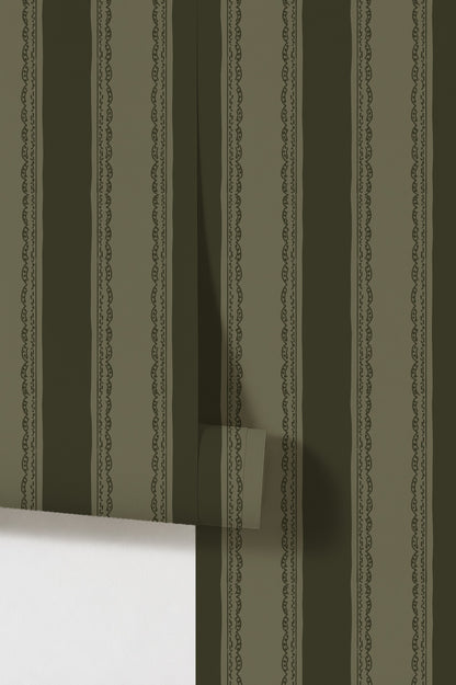 Lacey Stripes Green wallpaper with forest green and olive vertical stripes and lace detail.