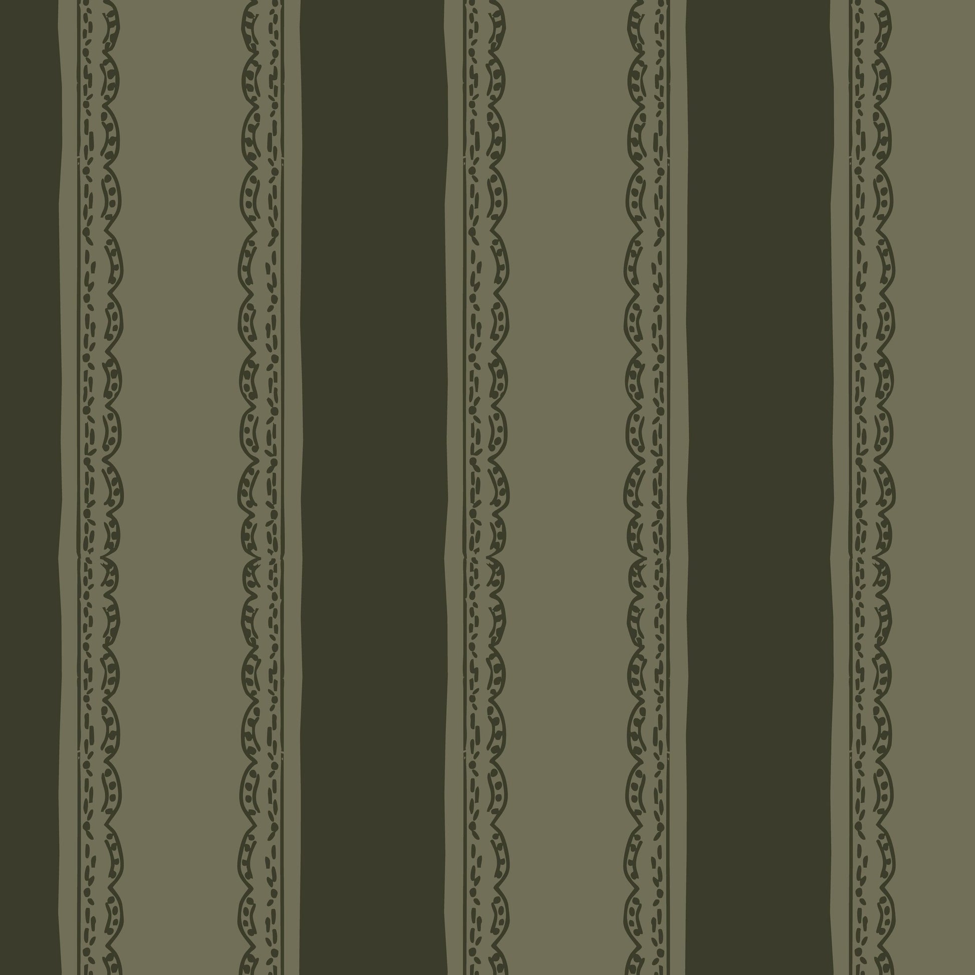 Lacey Stripes Green wallpaper with forest green and olive stripes and lace edging.