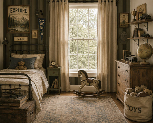 Lacey Stripes Green wallpaper in vintage-style bedroom with rustic decor.