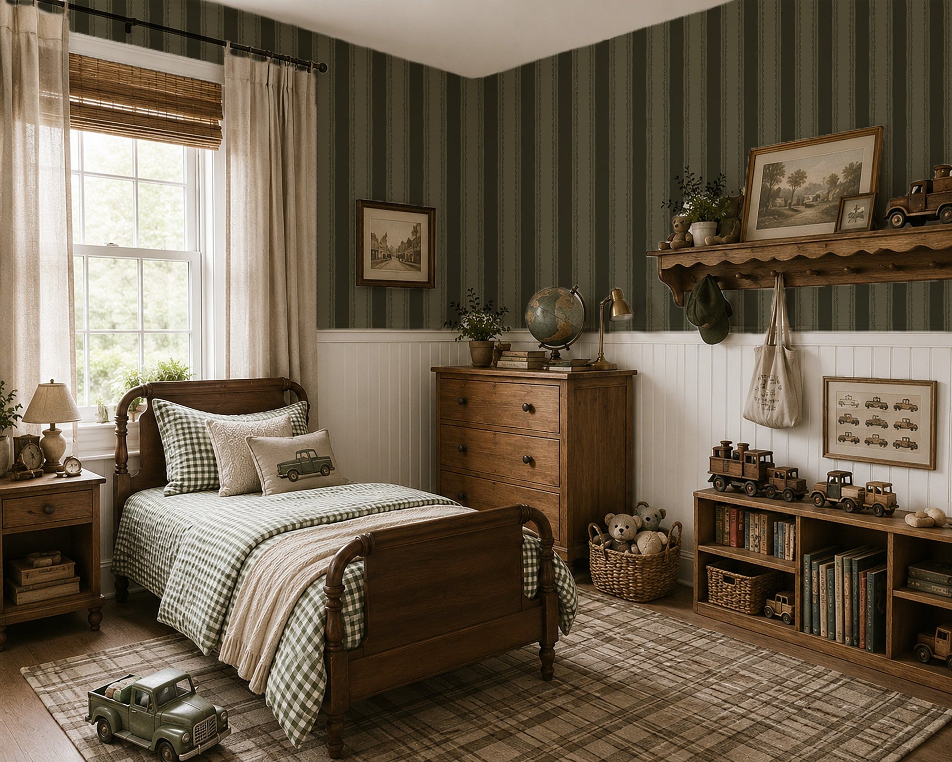 Lacey Stripes Green wallpaper in a vintage-style bedroom with wooden furniture.
