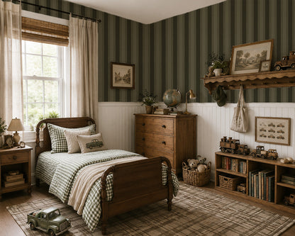 Lacey Stripes Green wallpaper in a vintage-style bedroom with wooden furniture.