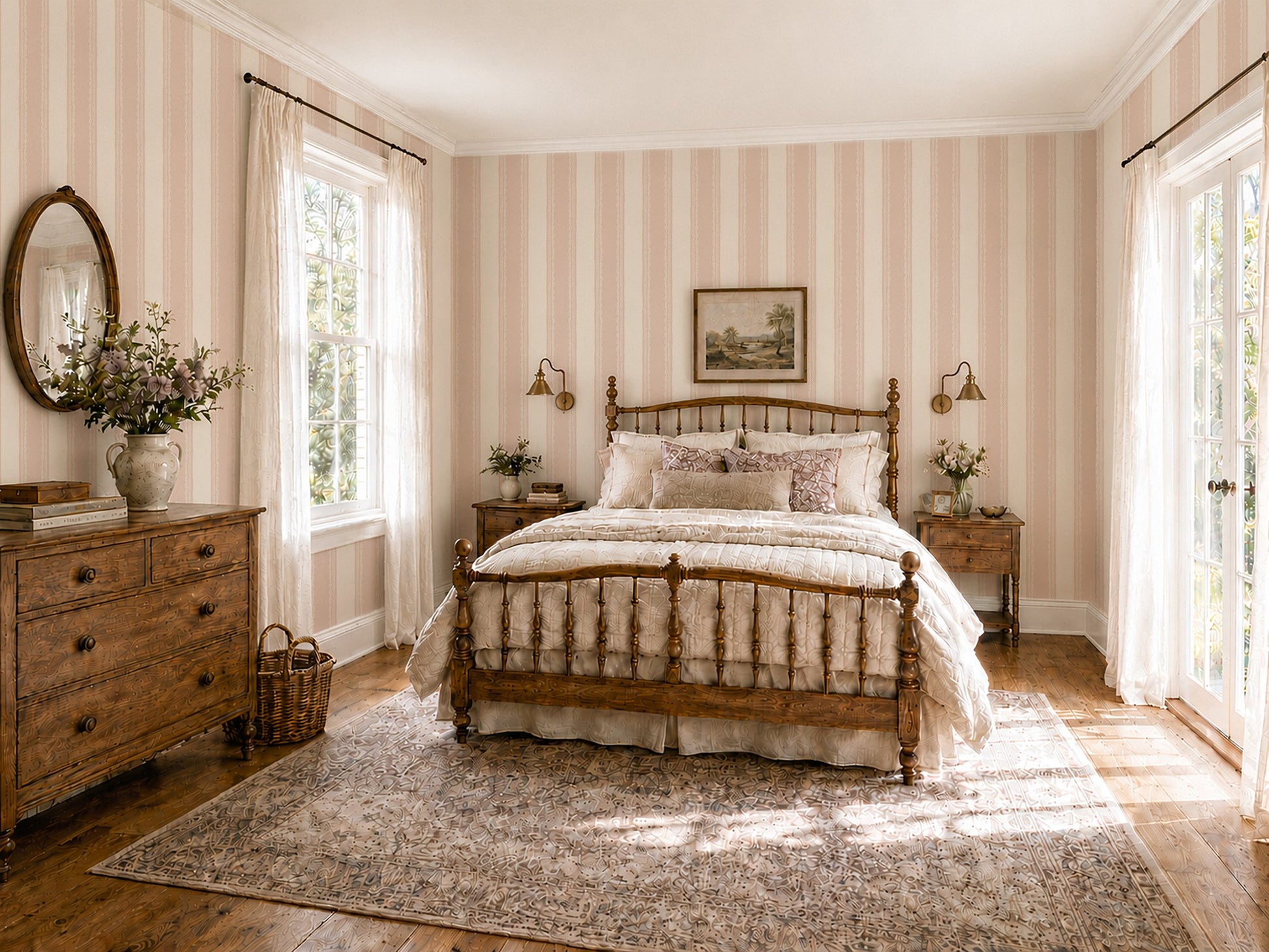 Vintage bedroom with pink and cream striped wallpaper, lace detailing, and wooden furniture.