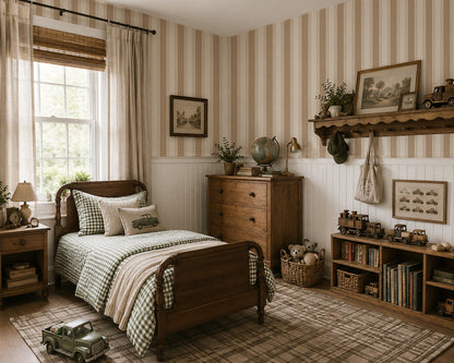 Lacey Stripes Tan wallpaper in cozy vintage bedroom with wooden furniture.