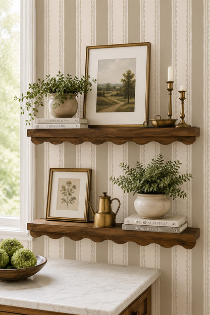 Lacey Stripes Taupe wallpaper with lace detailing in cozy room with wooden shelves.